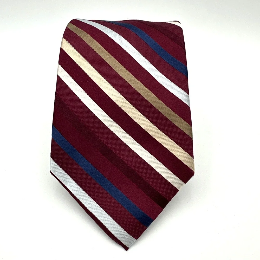 Jos. A. Bank Necktie Mens One Size Burgundy Striped Silk Hand Sewn 58‎ Inch NOS